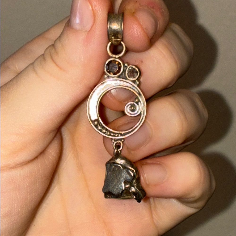 Sterling Silver 925 Necklace Pendant with Raw Natural Hematite and Smoky Quartz